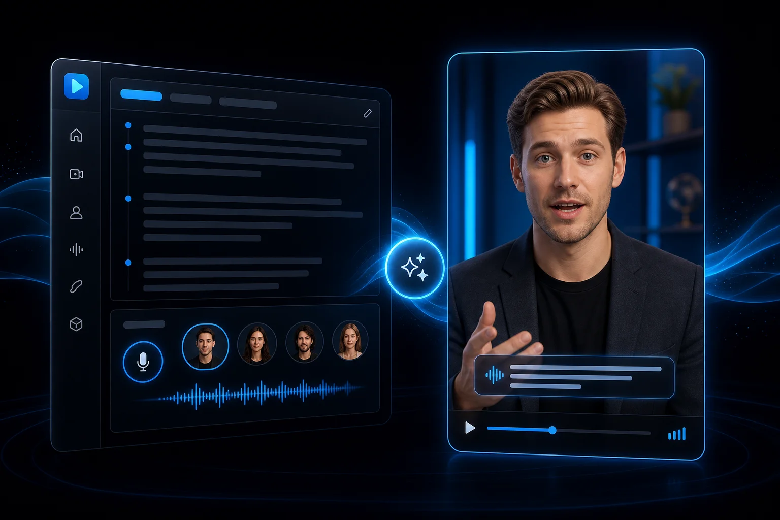 AI talking head generator creating a lip-synced presenter video from script and portrait photo